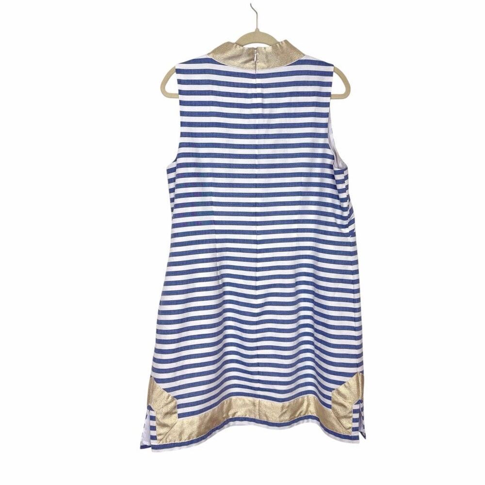 Eliza J Dress 16 Blue White Stripe Nautical Gold V Neck Cotton Mini Tunic short - Picture 3 of 16